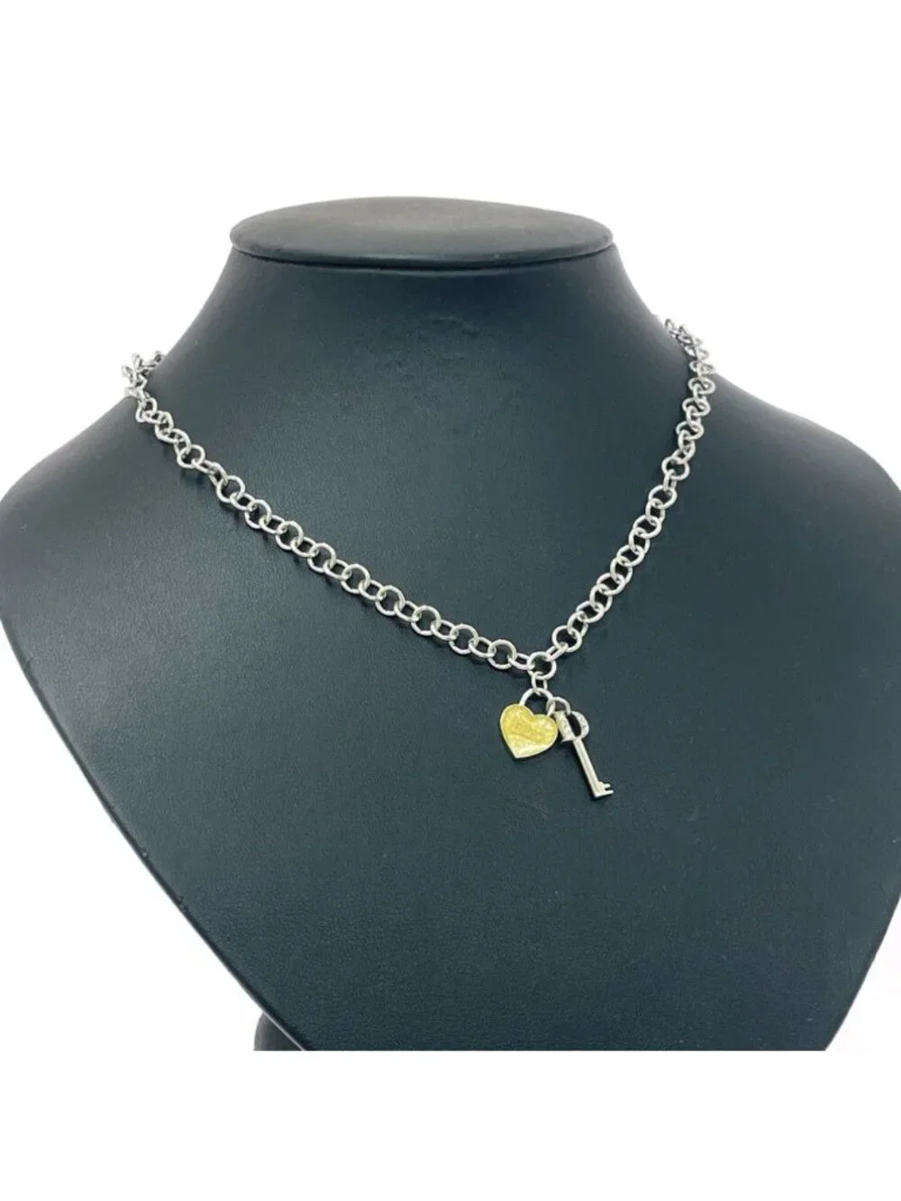 Dior Metal Rhinestone Heart Padlock Key Necklace Silver